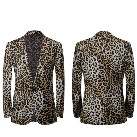 Leopard Print Mens Satin Blazer Jacket L/46 Single-Breasted Party Stage Suit - Picture 1 of 14